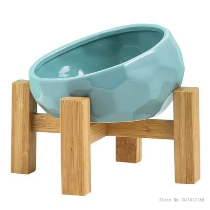 Ceramic Pet Bowl with Bamboo Stand for Dogs and Cats, Puppy Water Food and Drinking Feeder, Non-Slip Cat and Dog Feeder