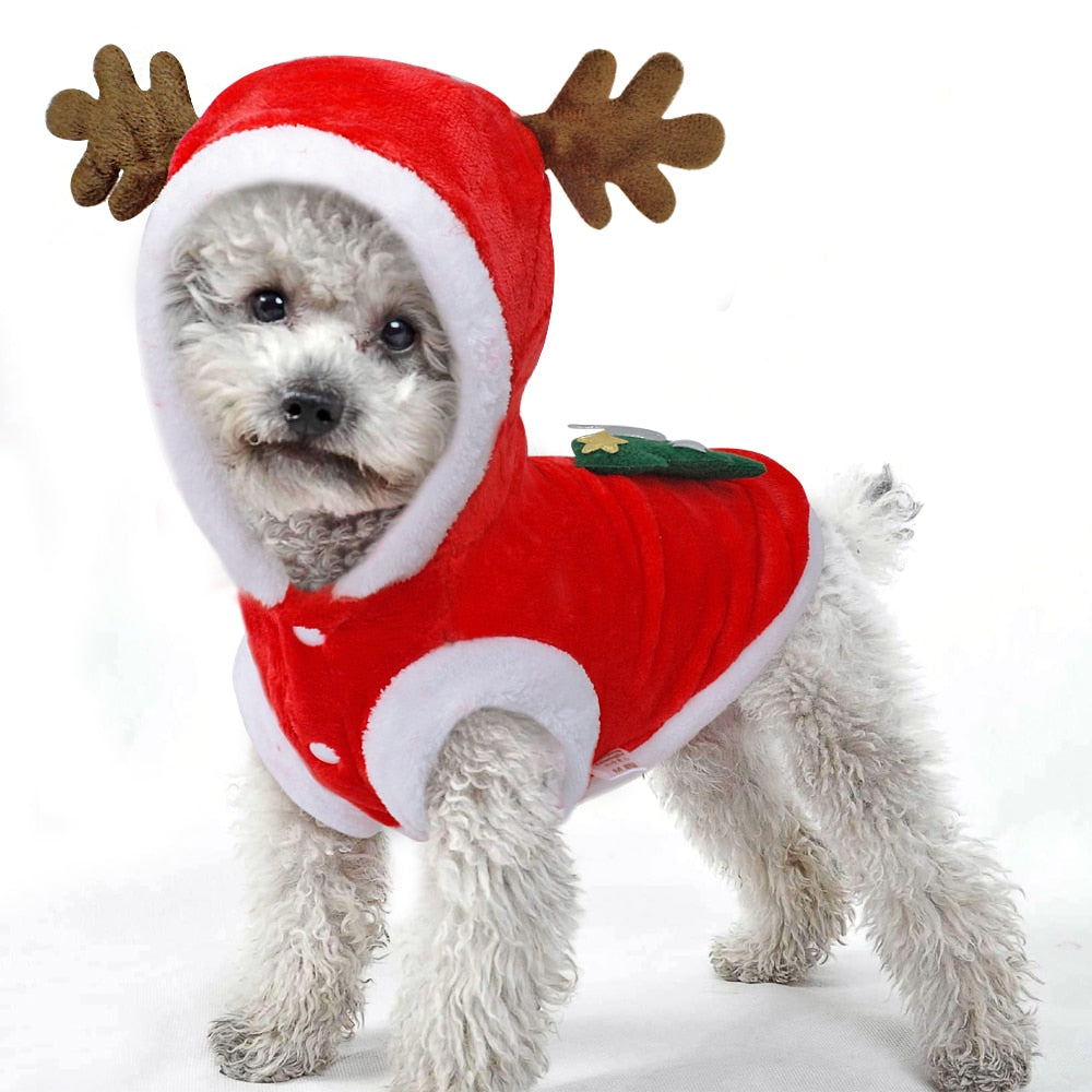 Christmas Dog Reindeer Hoodie Outfit, Santa Pet Costume for Small Dogs & Cats