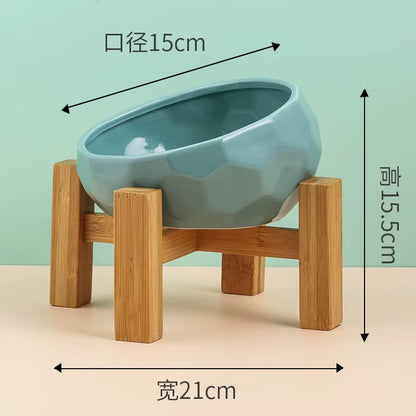 Ceramic Pet Bowl with Bamboo Stand for Dogs and Cats, Puppy Water Food and Drinking Feeder, Non-Slip Cat and Dog Feeder