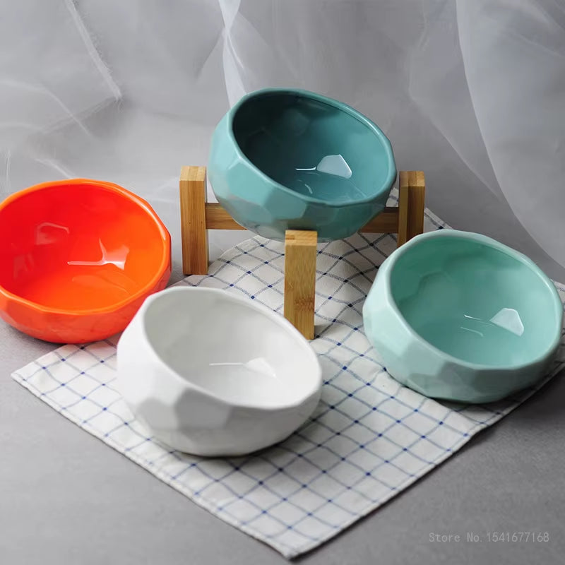 Ceramic Pet Bowl with Bamboo Stand for Dogs and Cats, Puppy Water Food and Drinking Feeder, Non-Slip Cat and Dog Feeder