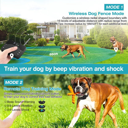 Wireless Dog Fence, 2-In-1 Electric Dog Fence System for 2 Dogs with Training Collar & Remote, IP65 Waterproof, 2024 Safety Pets Containment System for All Dogs, Cover up to 8 Acre(20-850Ft)
